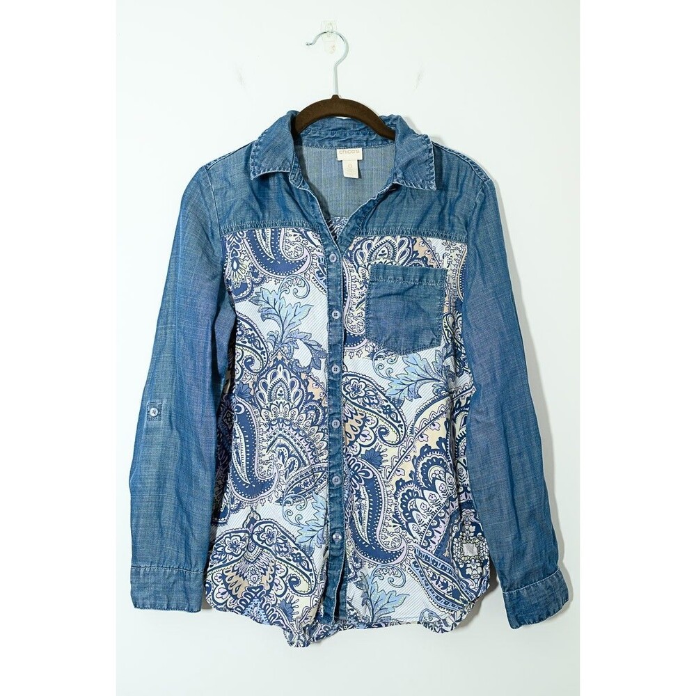 Chico's Button up Shirt 0 S Blue Patchwork Paisley Denim Boho Top